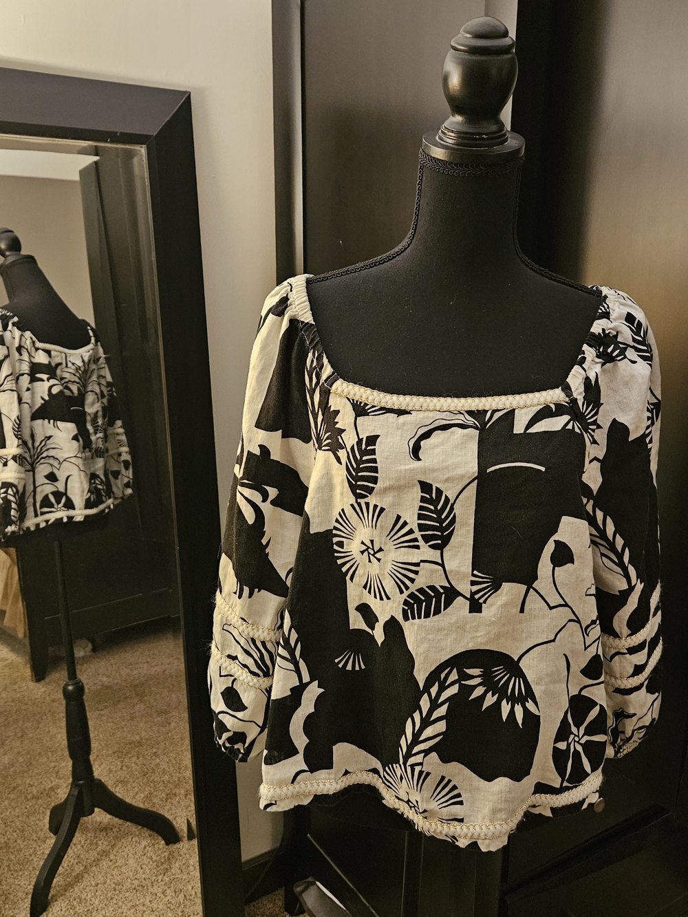Nicole Miller Black and Cream Floral Square-Neck Tunic